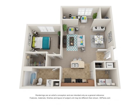 Floor plan for 1 bed, 1 bath, 891 sqft